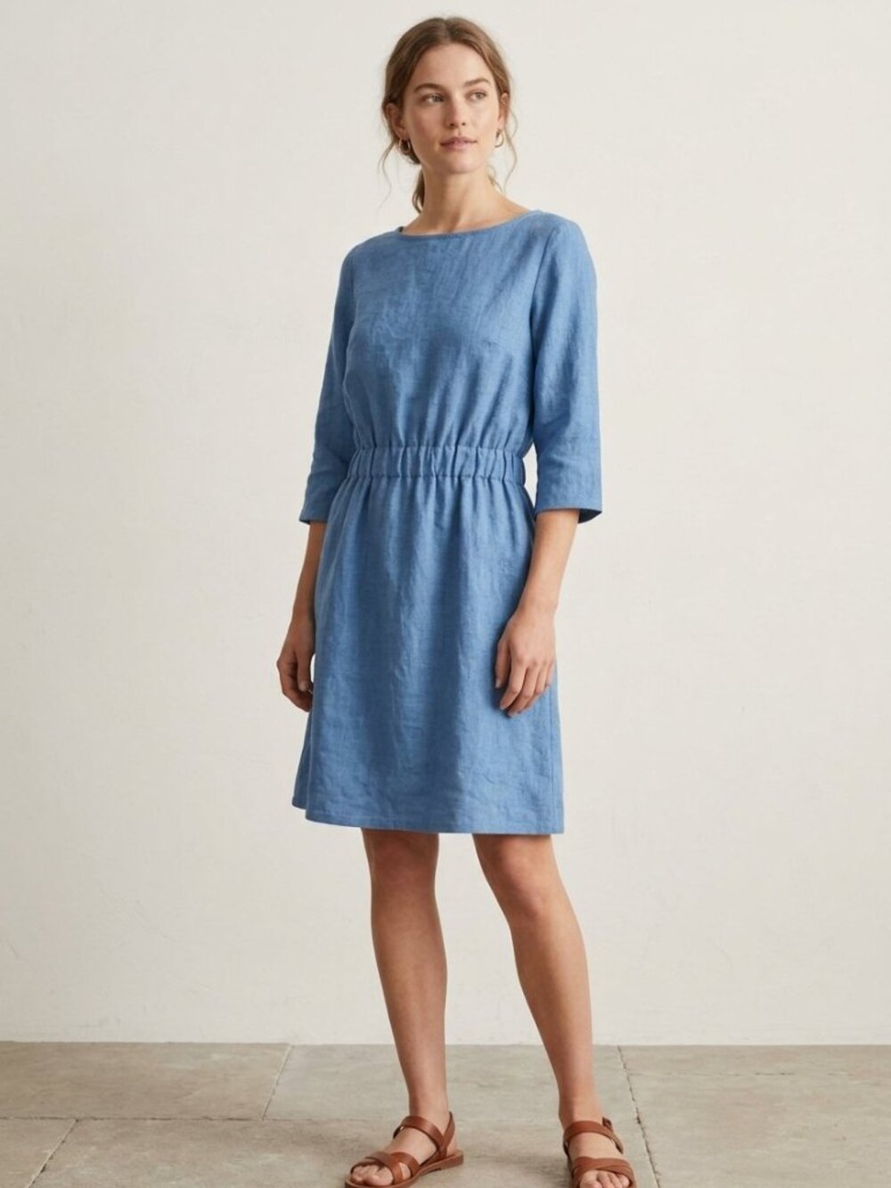 Old Linen Mill 100% Linen 3/4 Sleeve Boatneck Dress Ocean Blue Size S